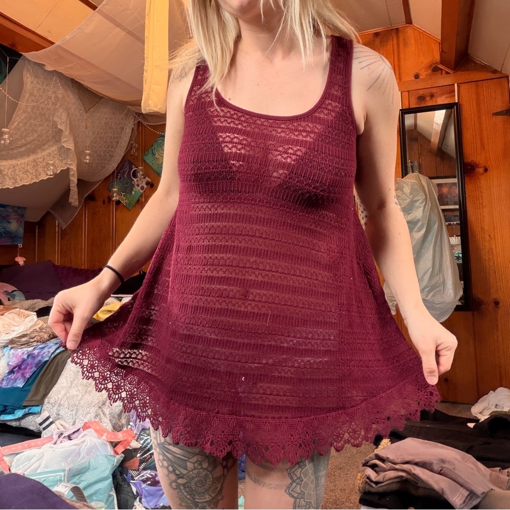 Burgundy Lace Knit Tank Top